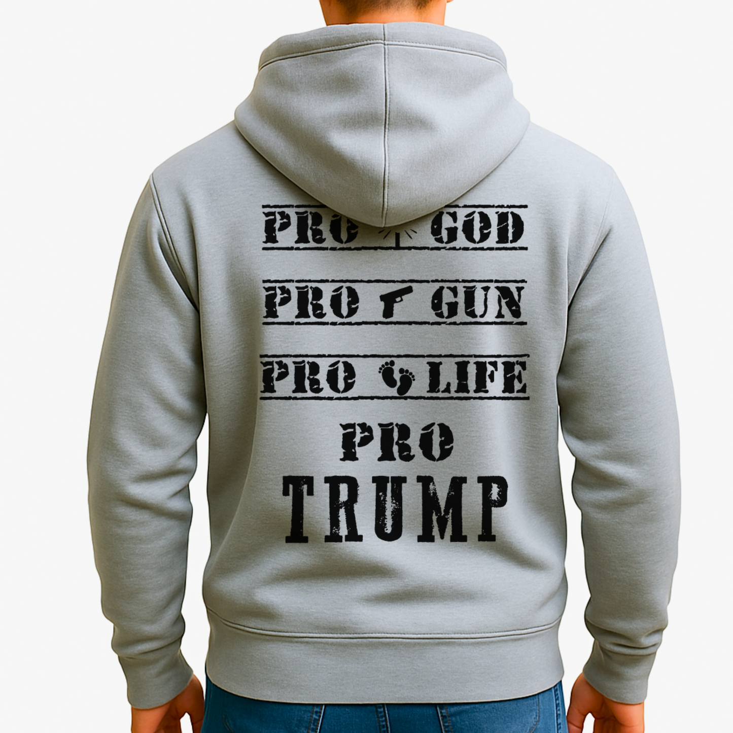 Gray hoodie with text on the back on a plain background