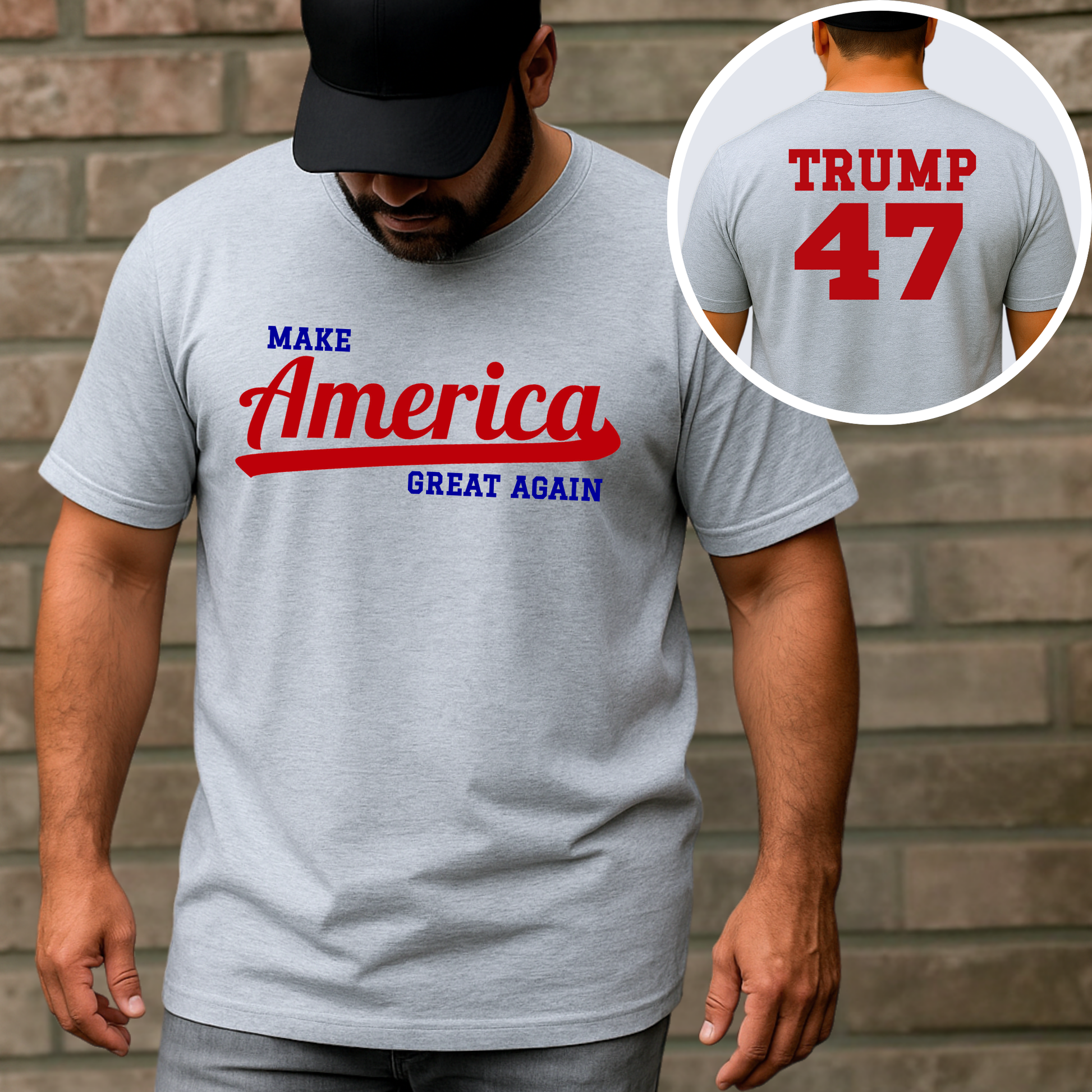 Gray men’s T-shirt with patriotic, bold red and blue text graphic design

