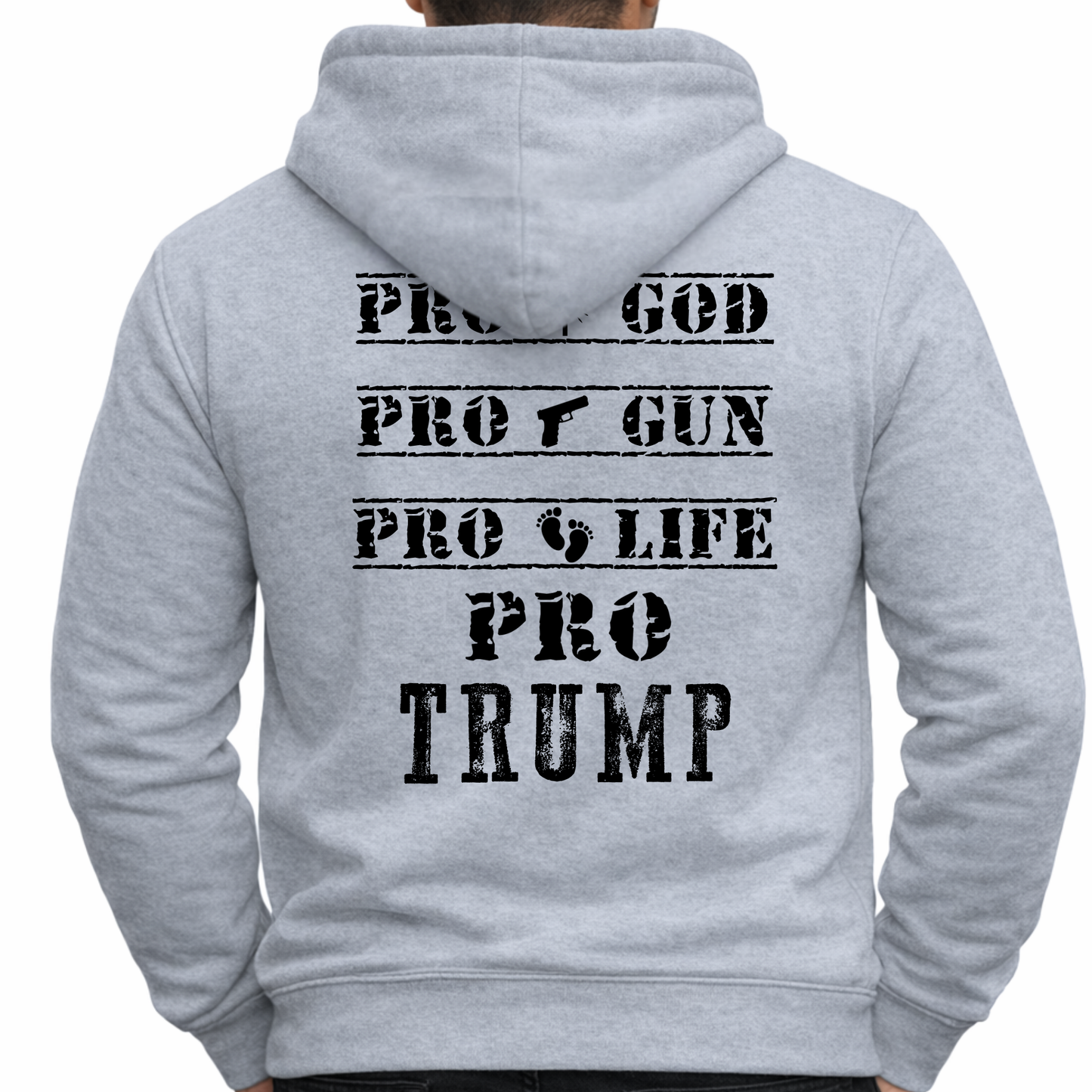 Man wearing a Gray Hoodie t with pro-Trump text
