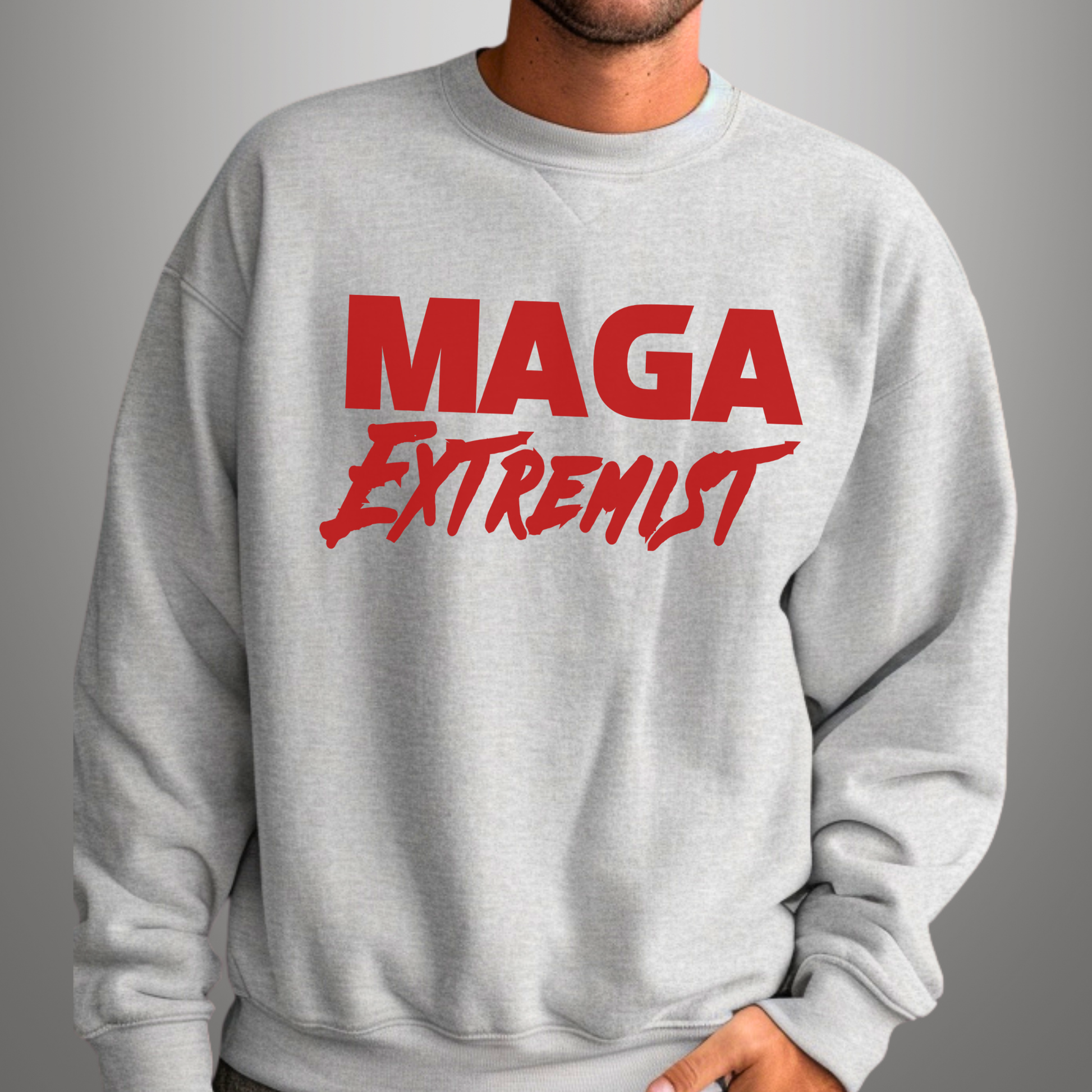 Gray patriotic men's sweatshirt with bold red MAGA lettering