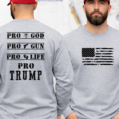 Person wearing a gray sweatshirt with 'Pro Trump' text and American flag design.