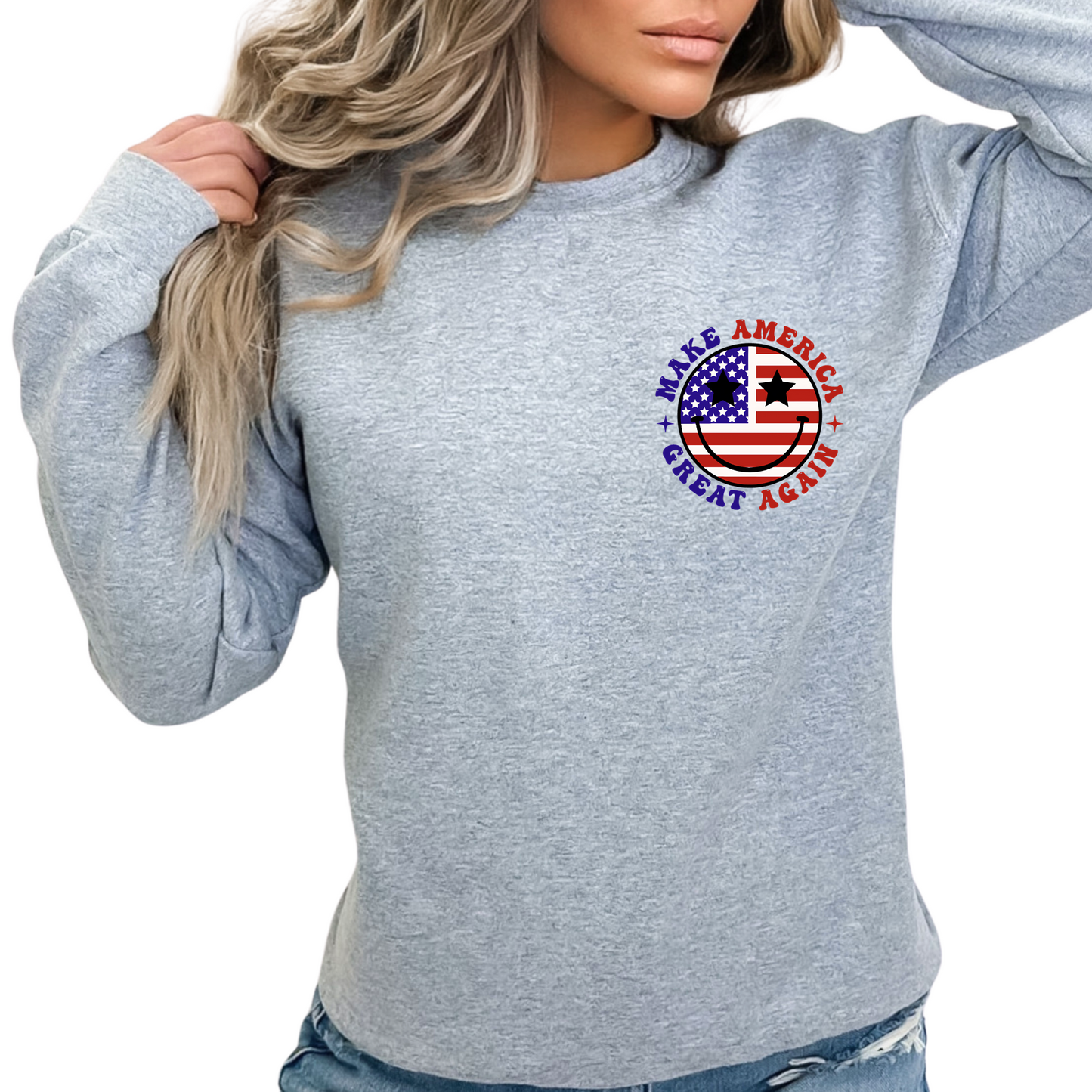 Grey sweatshirt front view with round USA flag graphic and patriotic text