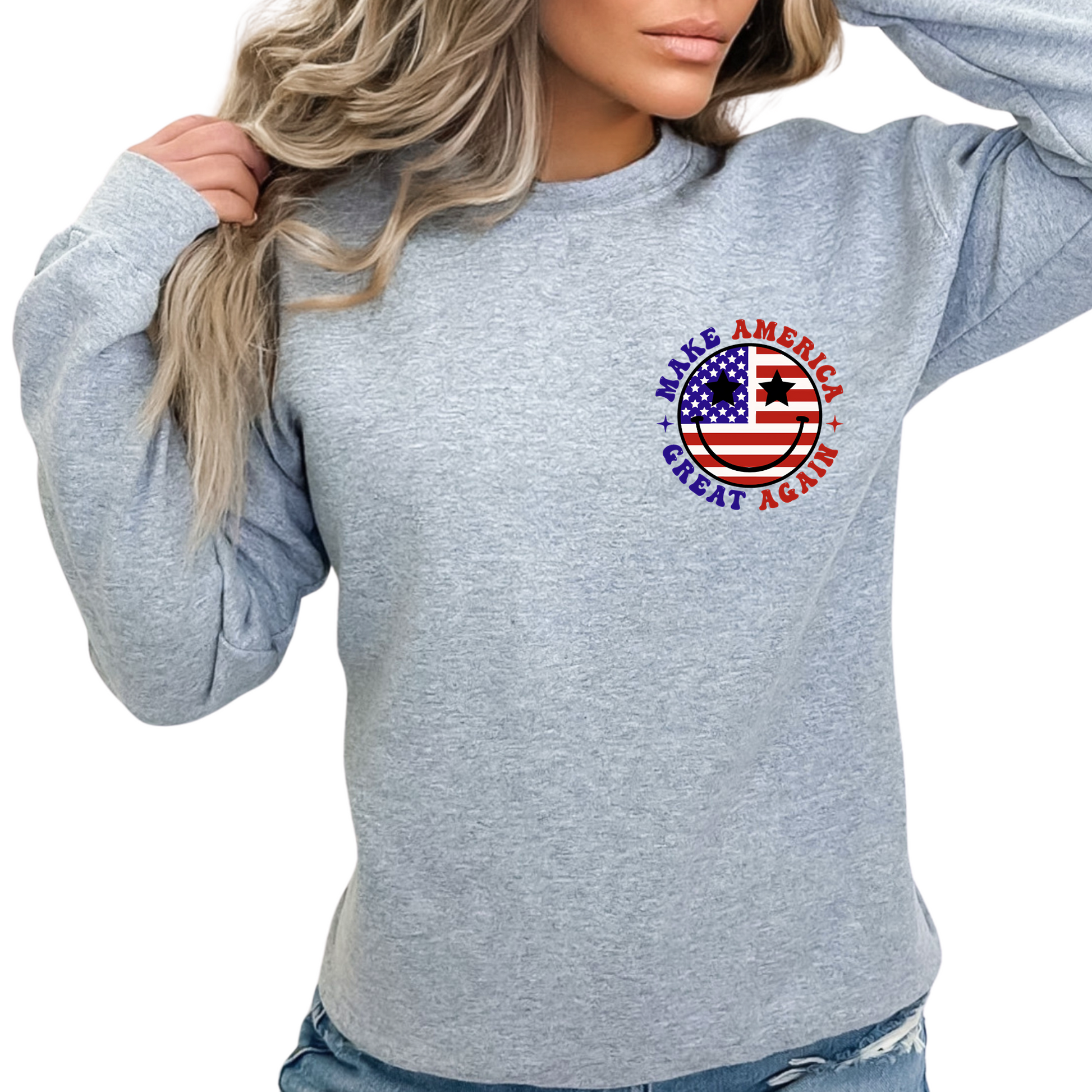 Grey sweatshirt front view with round USA flag graphic and patriotic text