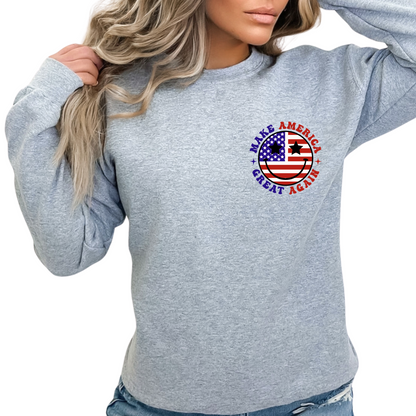 Grey sweatshirt front view with round USA flag graphic and patriotic text
