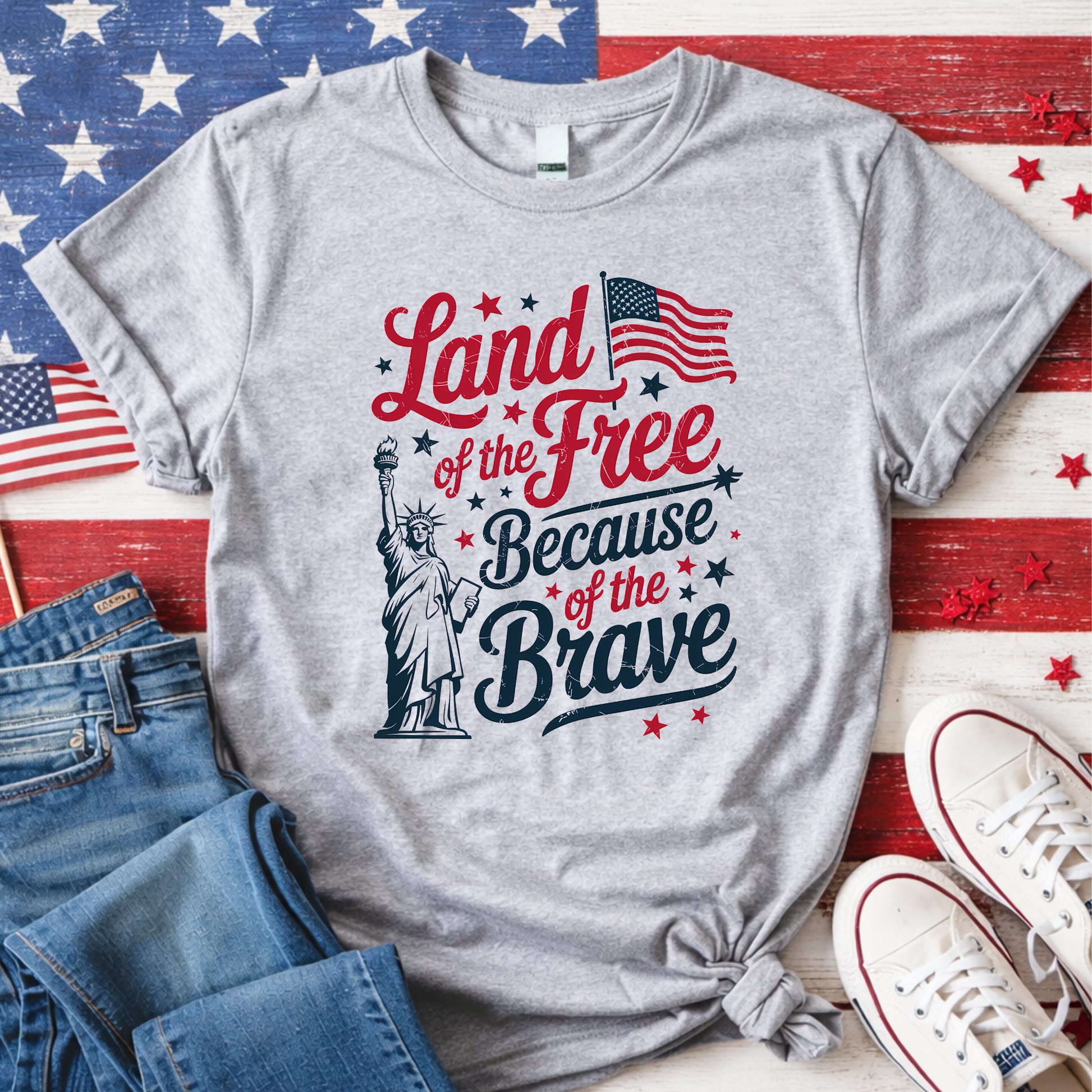 Gray t-shirt with 'Land of the Free Because of the Brave' design on a wooden surface with American flags and jeans.