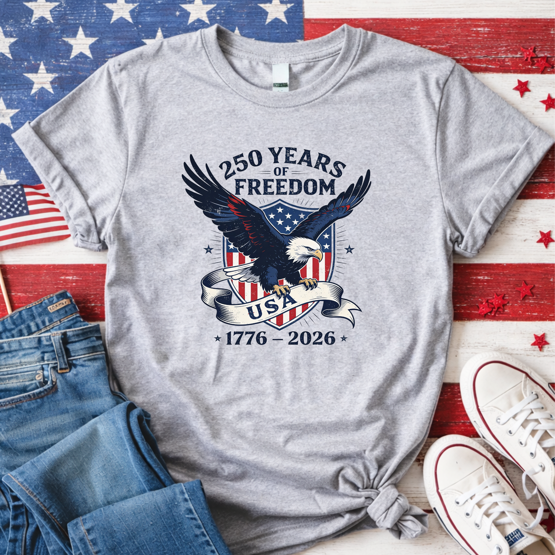 Gray t-shirt with eagle graphic and '250 Years of Freedom' text on an American flag background.