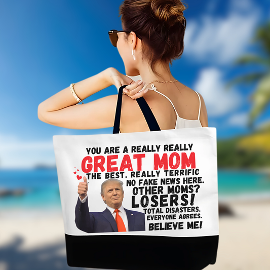 Woman holding Great Mom funny tote bag
