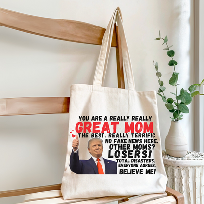 Tote bag with Trump quote hanging on chair – patriotic gift for her