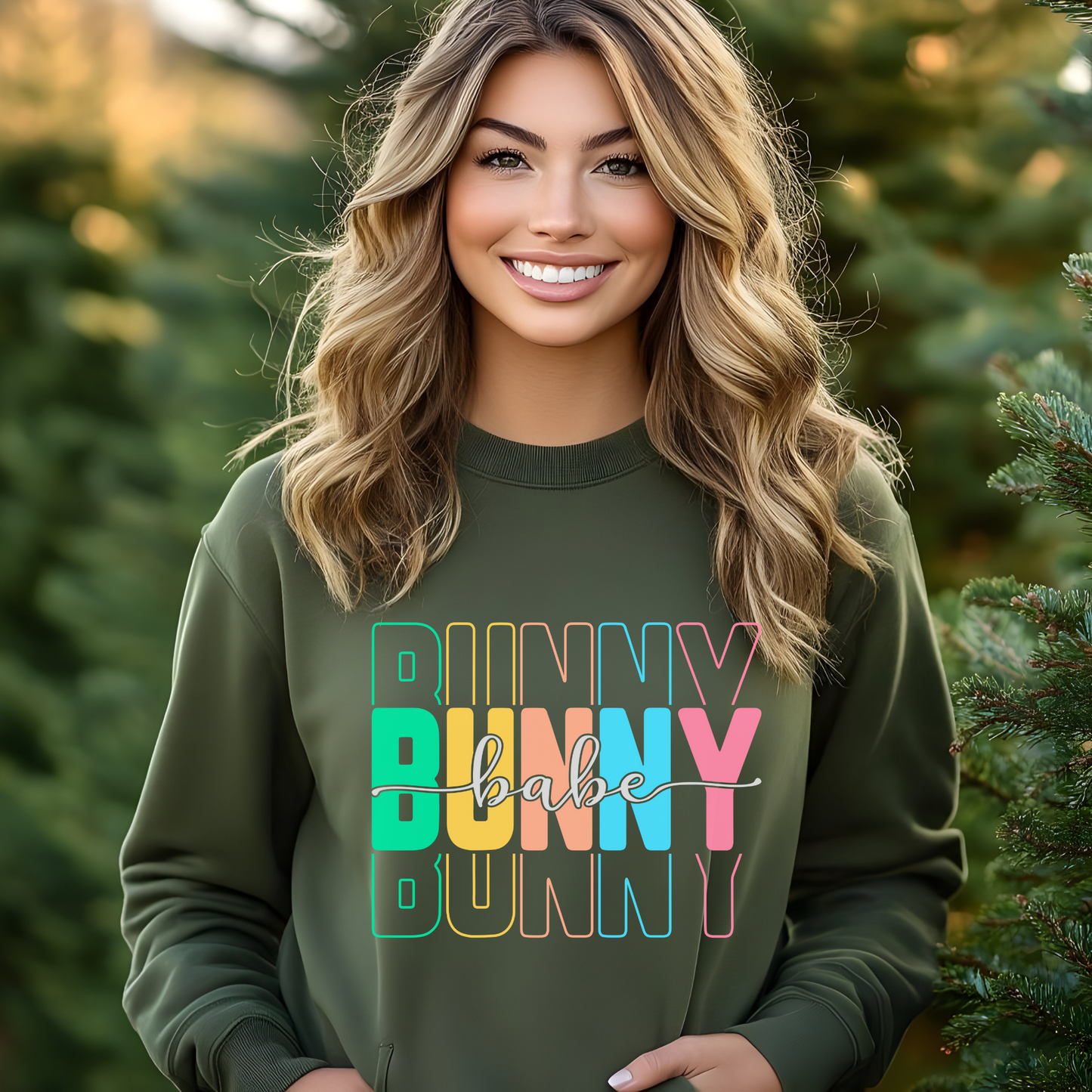 Green Trendy Bunny Babe sweatshirt with colorful pastel typography, perfect for Easter, spring fashion, and cozy loungewear