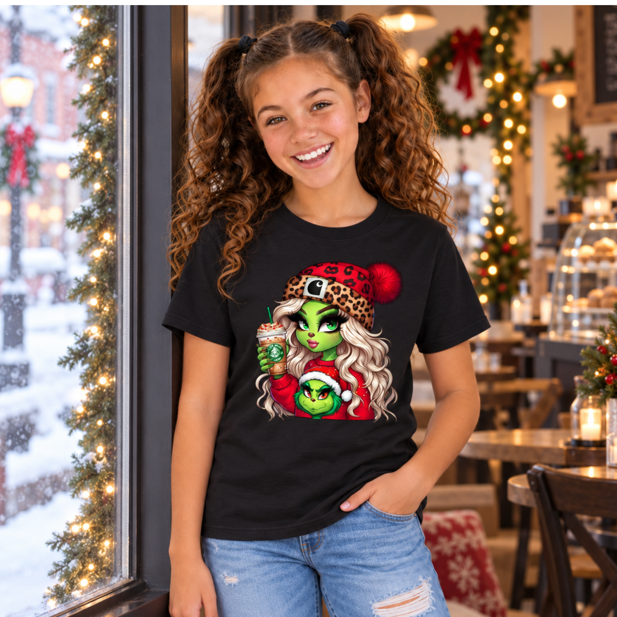 Youth black T-shirt with Boujee Green Girl Christmas graphic, modeled beside a snowy café window
