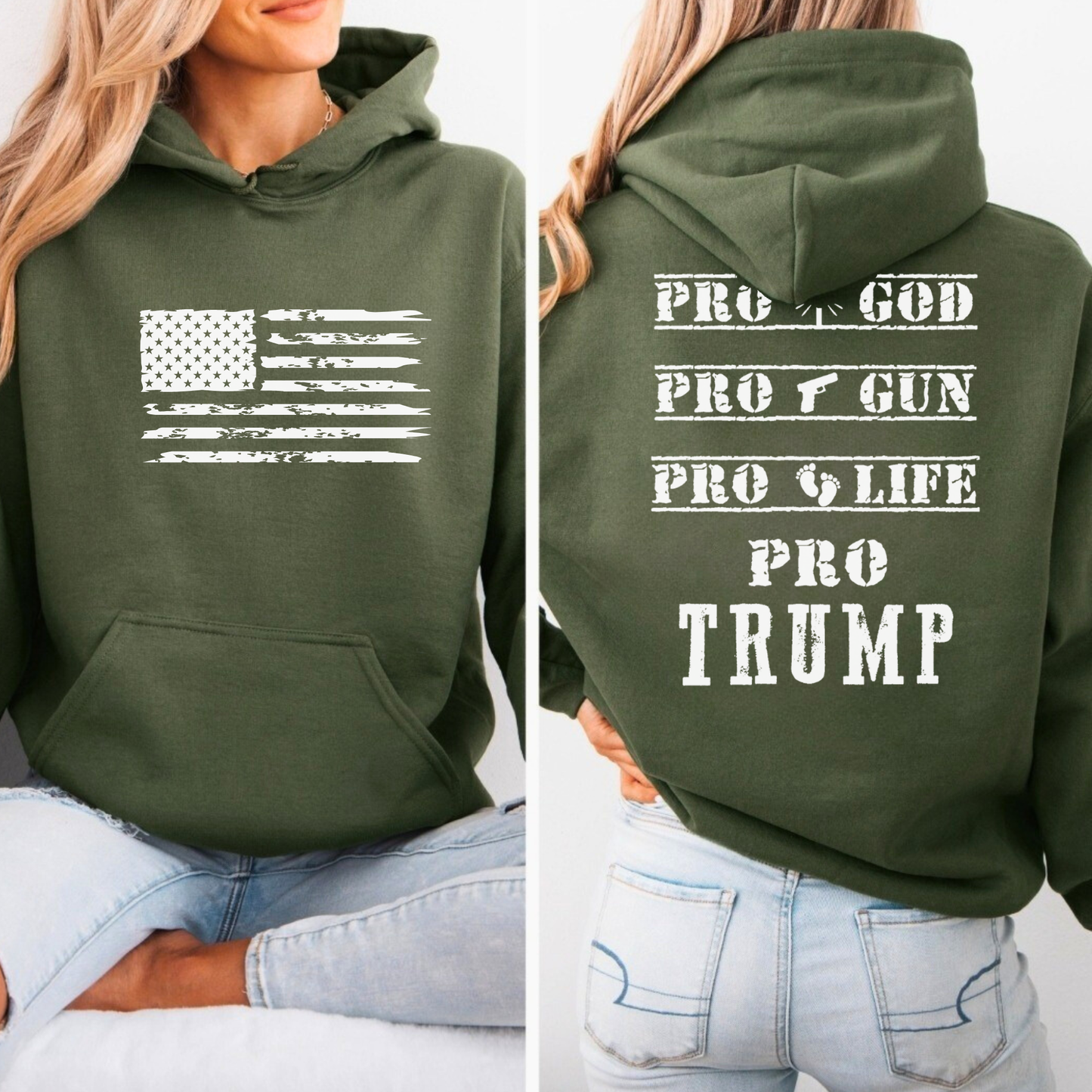 Green hoodie with American flag design on front and text on back, worn by a person.