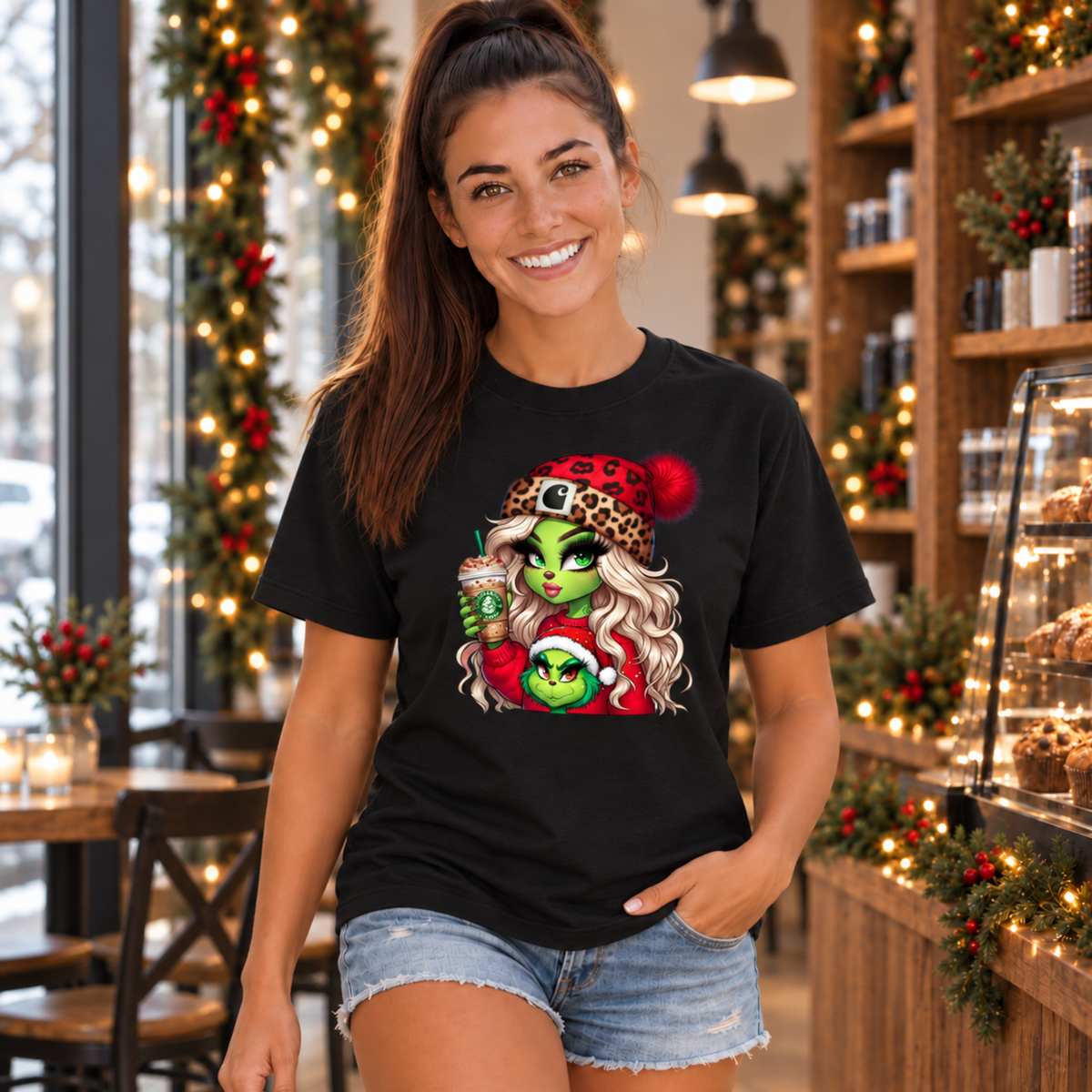 Woman wearing a black T-shirt with the Boujee Green Girl Christmas design and denim shorts in a festive cafe