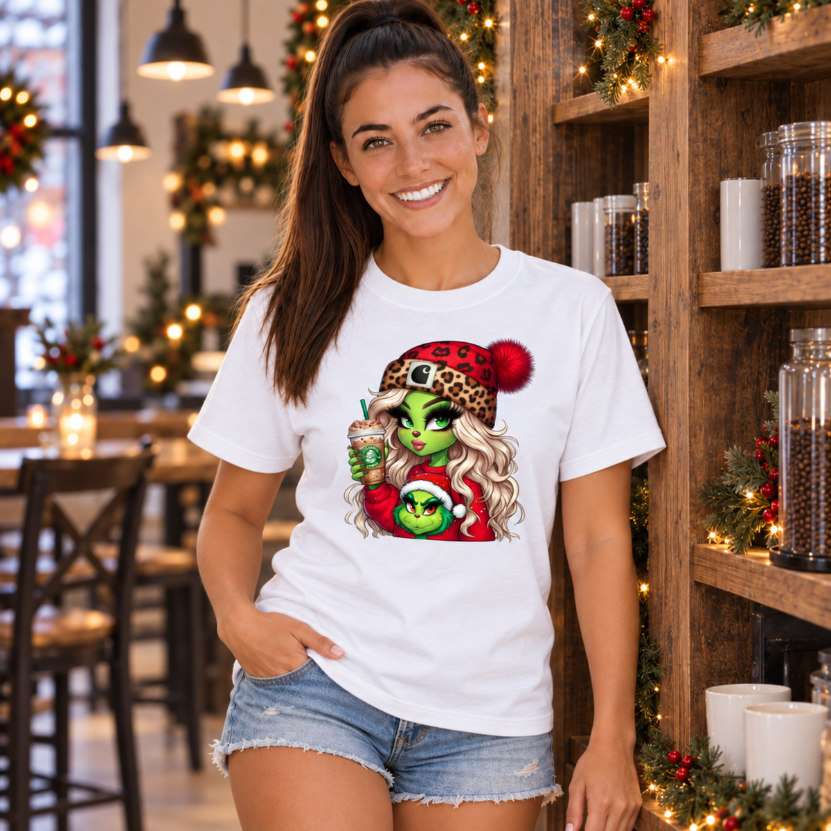 Woman wearing a white T-shirt with the Boujee Green Girl Christmas design and denim shorts in a decorated cafe