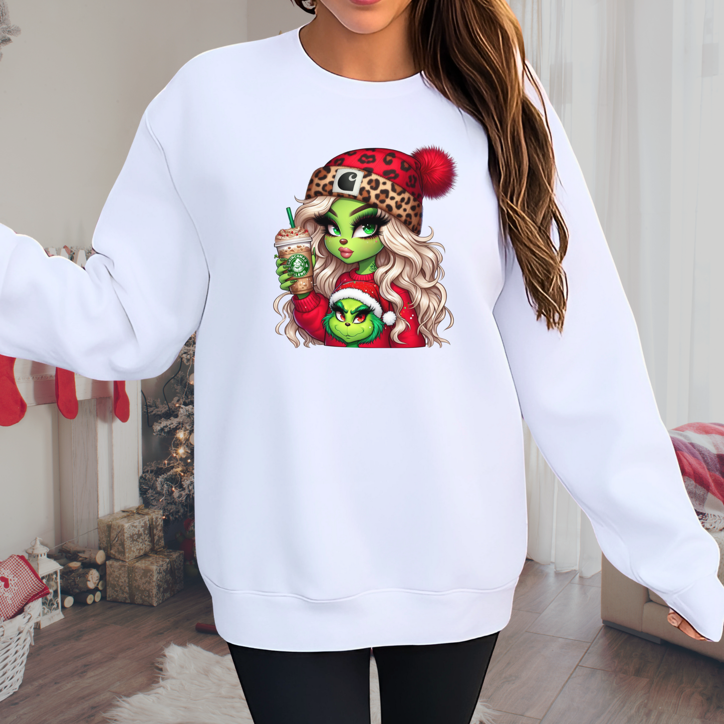 Woman wearing white sweatshirt – cozy holiday style