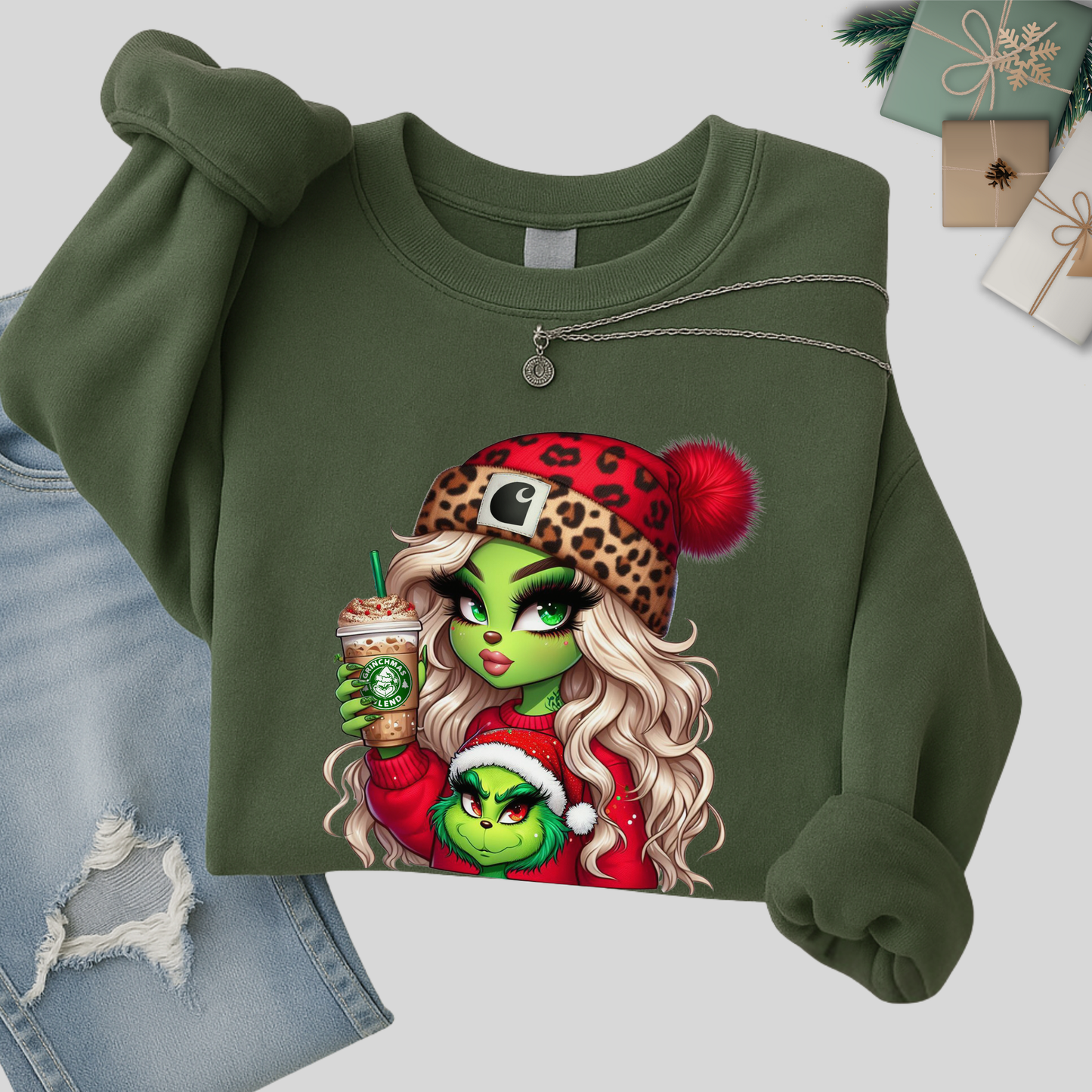 green sweatshirt flat lay – Boujee Green Girl Christmas graphic