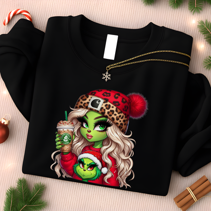 Youth black sweatshirt – Boujee Green Girl Christmas design, holding a holiday drink