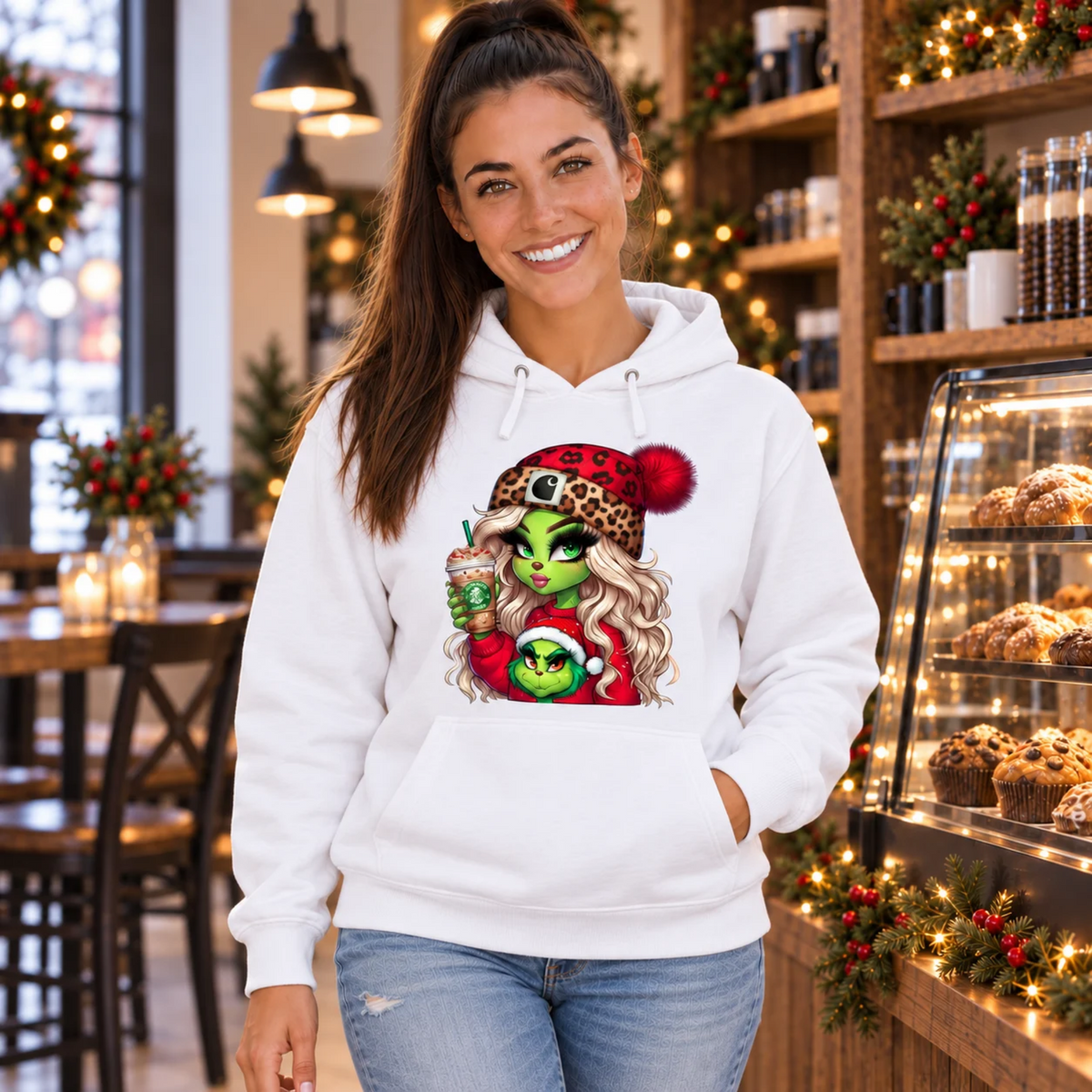 Woman wearing a white hoodie with the Boujee Green Girl Christmas design in a decorated holiday cafe