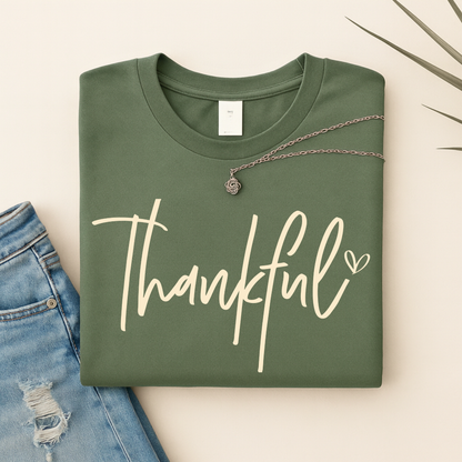 Military green “Thankful” tee flat lay, rustic fall style