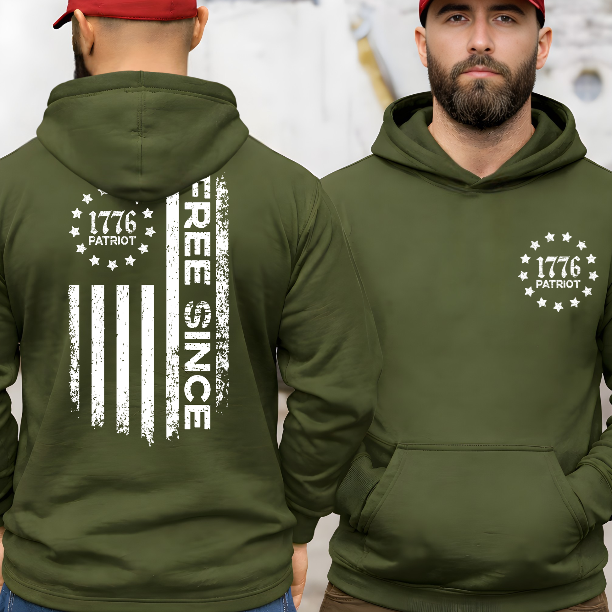 Green hoodie with '1776 Patriot' design on front and back, worn by a person.