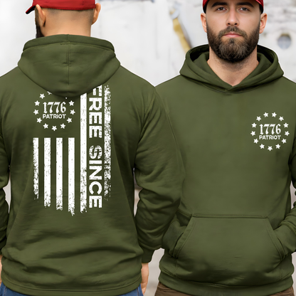 Green hoodie with '1776 Patriot' design on front and back, worn by a person.