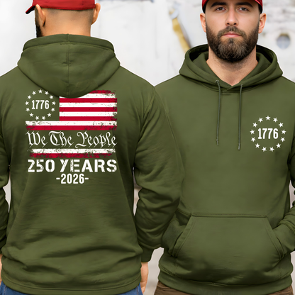 Green hoodie with American flag design on the back, worn by a Man.