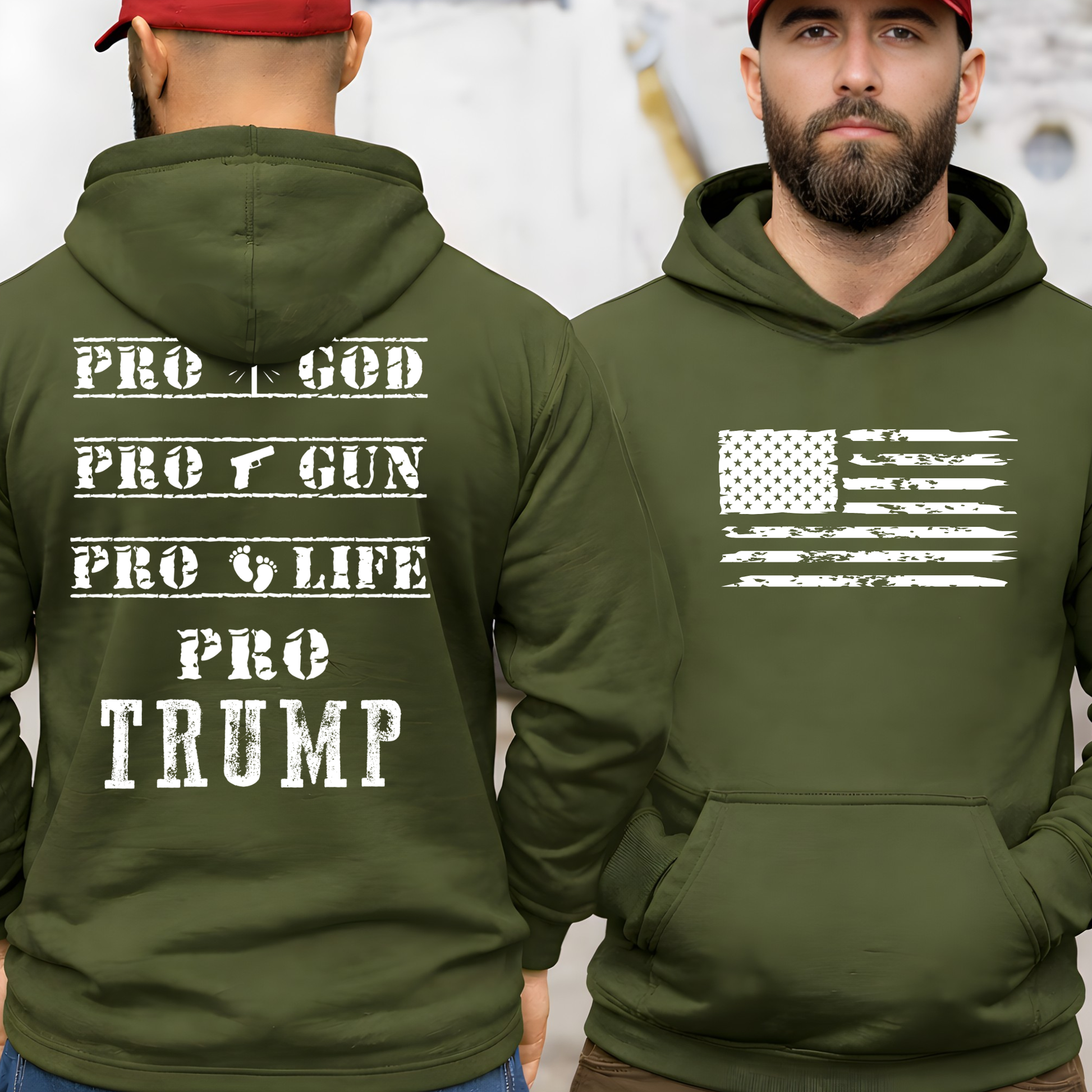 Green hoodie with 'Pro God, Pro Gun, Pro Life, Pro Trump' text on the back, worn by a man.
