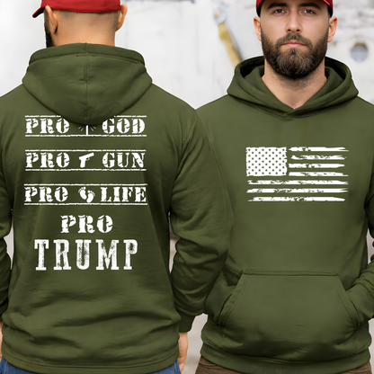 Green hoodie with 'Pro God, Pro Gun, Pro Life, Pro Trump' text on the back, worn by a man.