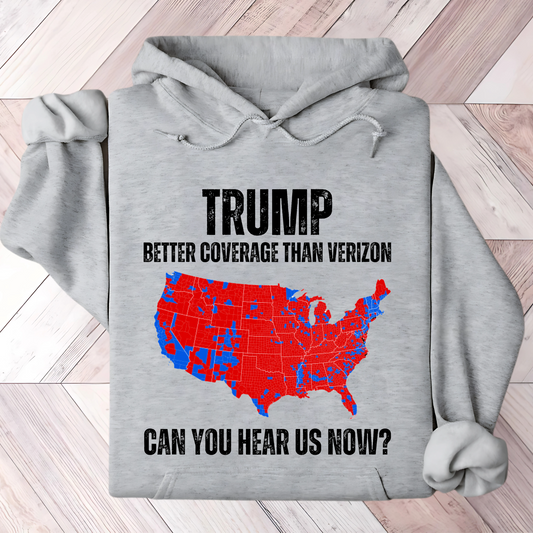 Grey patriotic hoodie with red and blue USA map graphic and bold text design.
