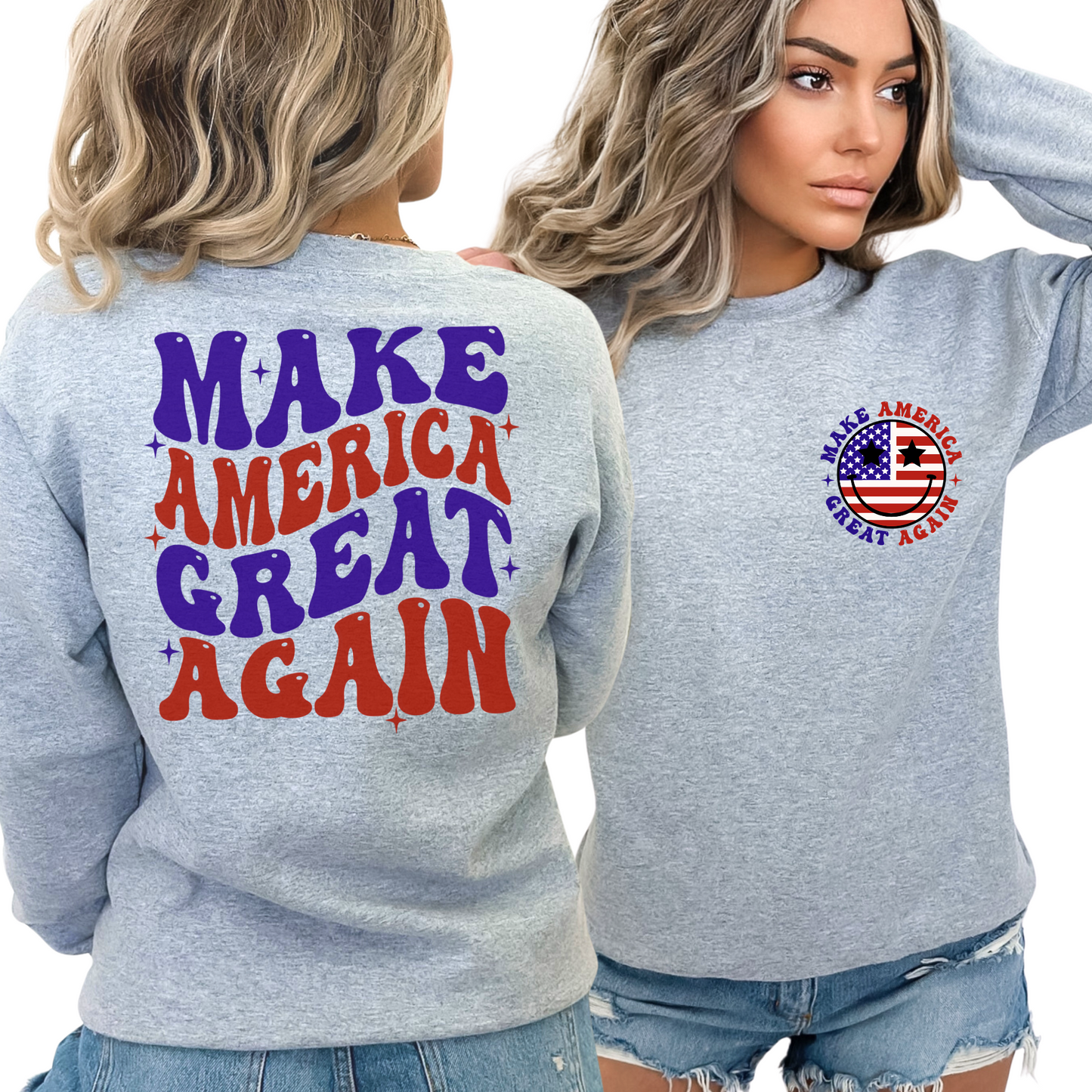 Grey sweatshirt front view with round USA flag graphic and patriotic text