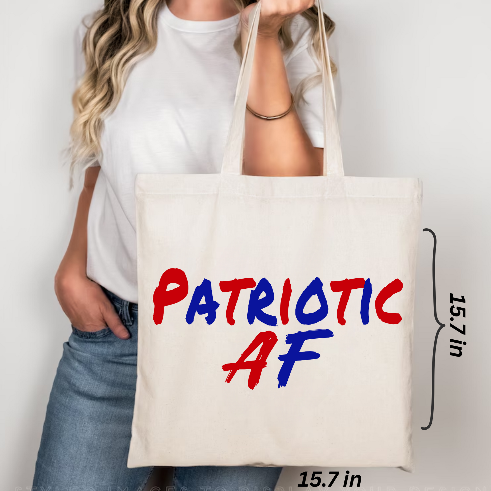 Patriotic AF tote bag with printed size dimensions and bold lettering