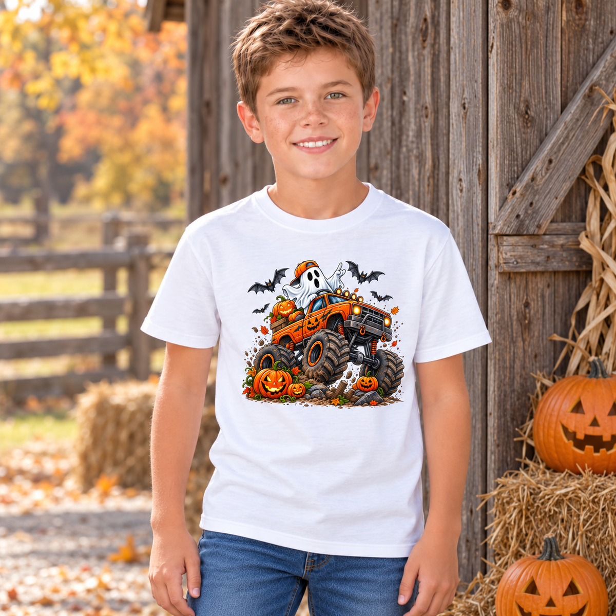Boy modeling a white youth T-shirt featuring an orange Halloween monster truck with a ghost, pumpkins, and bats beside hay bales and carved jack-o-lanterns.