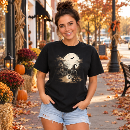 Black T-shirt on a woman featuring a witch-hat raccoon with pumpkin, bats and a spooky moonlit house.