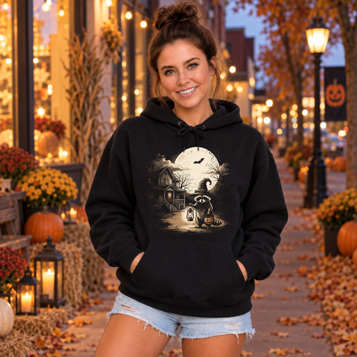Woman wearing a black hoodie with a Halloween raccoon holding a lantern beside a pumpkin and haunted house.