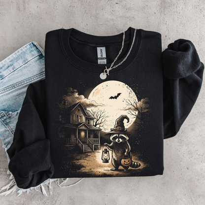Black sweatshirt flat lay featuring a raccoon witch, jack-o'-lantern, bats and full moon Halloween scene.