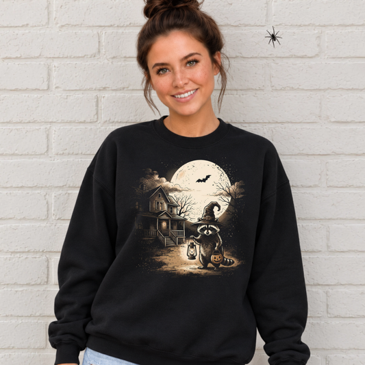 Woman in a black sweatshirt wearing a Halloween raccoon witch graphic with lantern, haunted house and full moon.