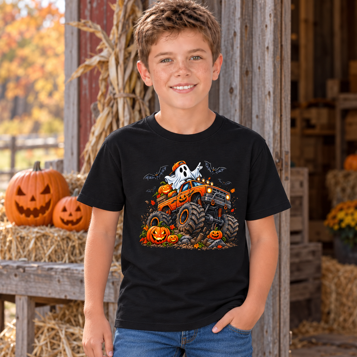 Boy modeling a black youth T-shirt featuring an orange Halloween monster truck with a ghost, pumpkins, and bats in front of a barn and jack-o-lantern display.