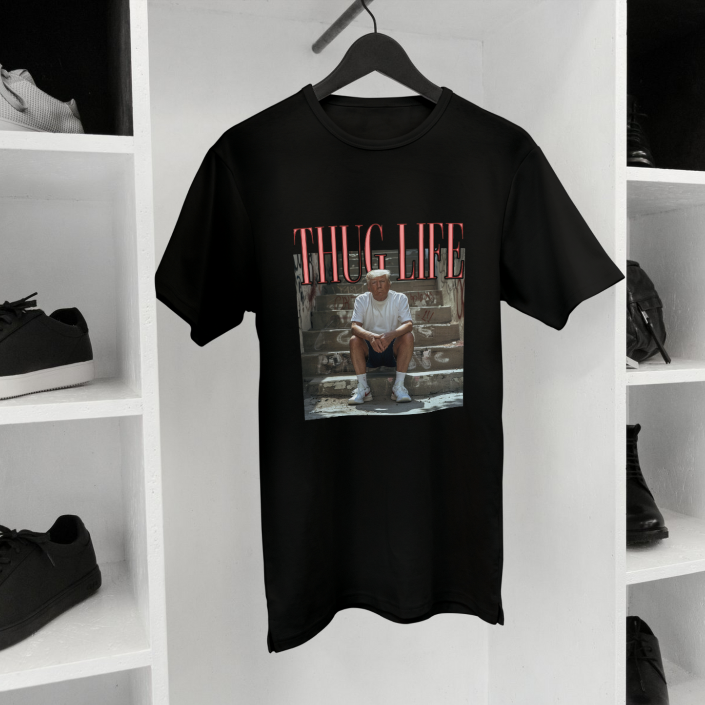 Black T-shirt with bold red “Thug Life” graphic design – casual vintage style tee