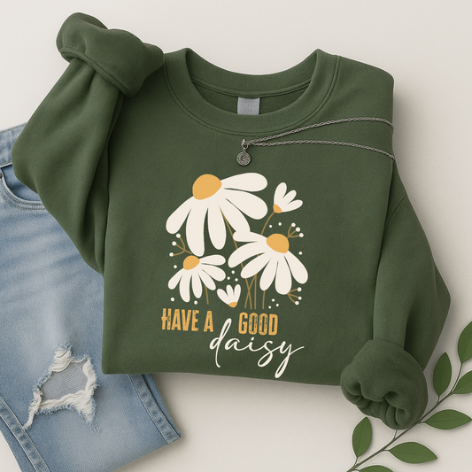 green daisy crewneck sweatshirt styled with light ripped jeans and necklace, great for Thanksgiving, fall outings, or comfy everyday wear in a warm autumn color palette.