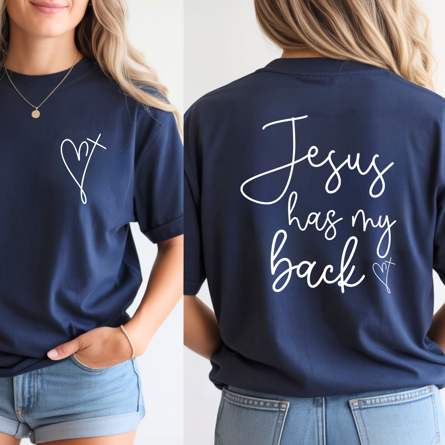 Navy blue t-shirt with 'Jesus has my back' text on the back, worn by a person.