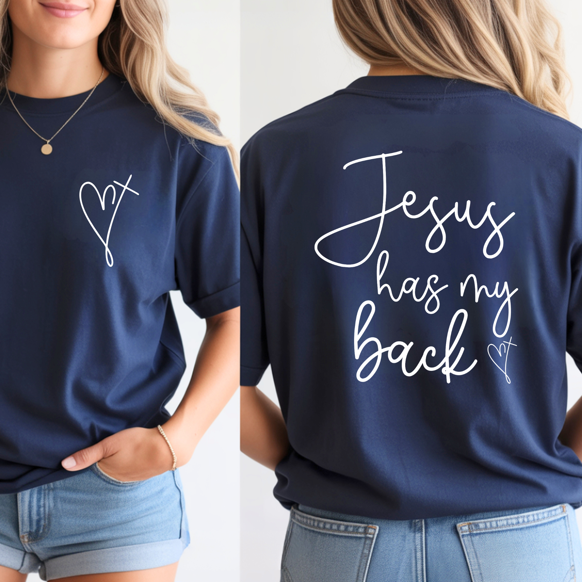 Navy blue t-shirt with 'Jesus has my back' text on the back, worn by a person.