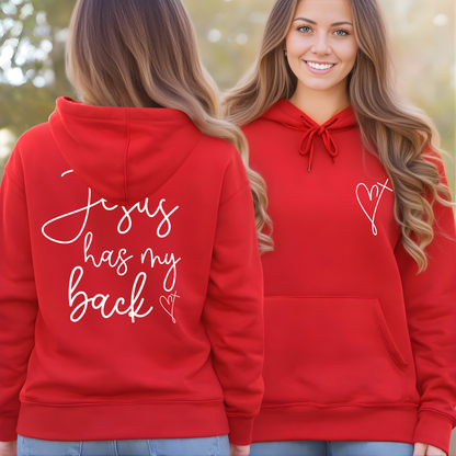 Two people wearing red hoodies with text and a heart design.