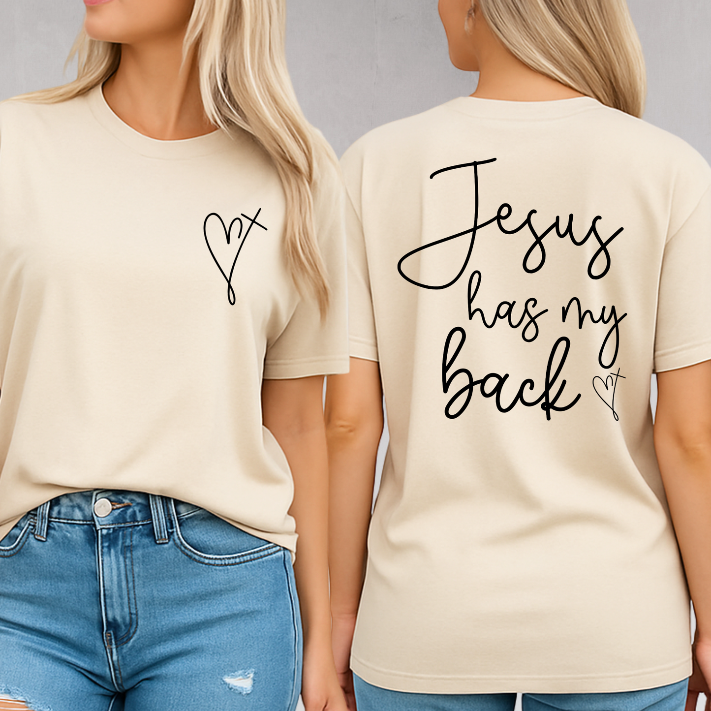 Two people wearing beige t-shirts with text designs, one on the front and one on the back.