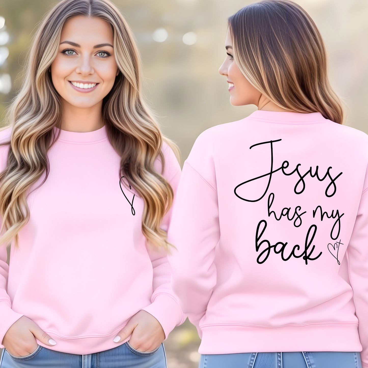 Woman wearing a pink sweatshirt with 'Jesus has my back' text on the back.