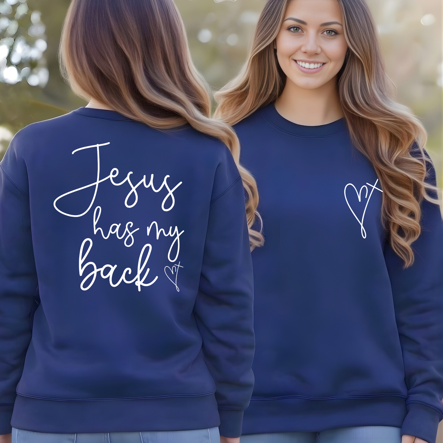 Woman wearing a blue sweatshirt with 'Jesus has my back' text on the back.