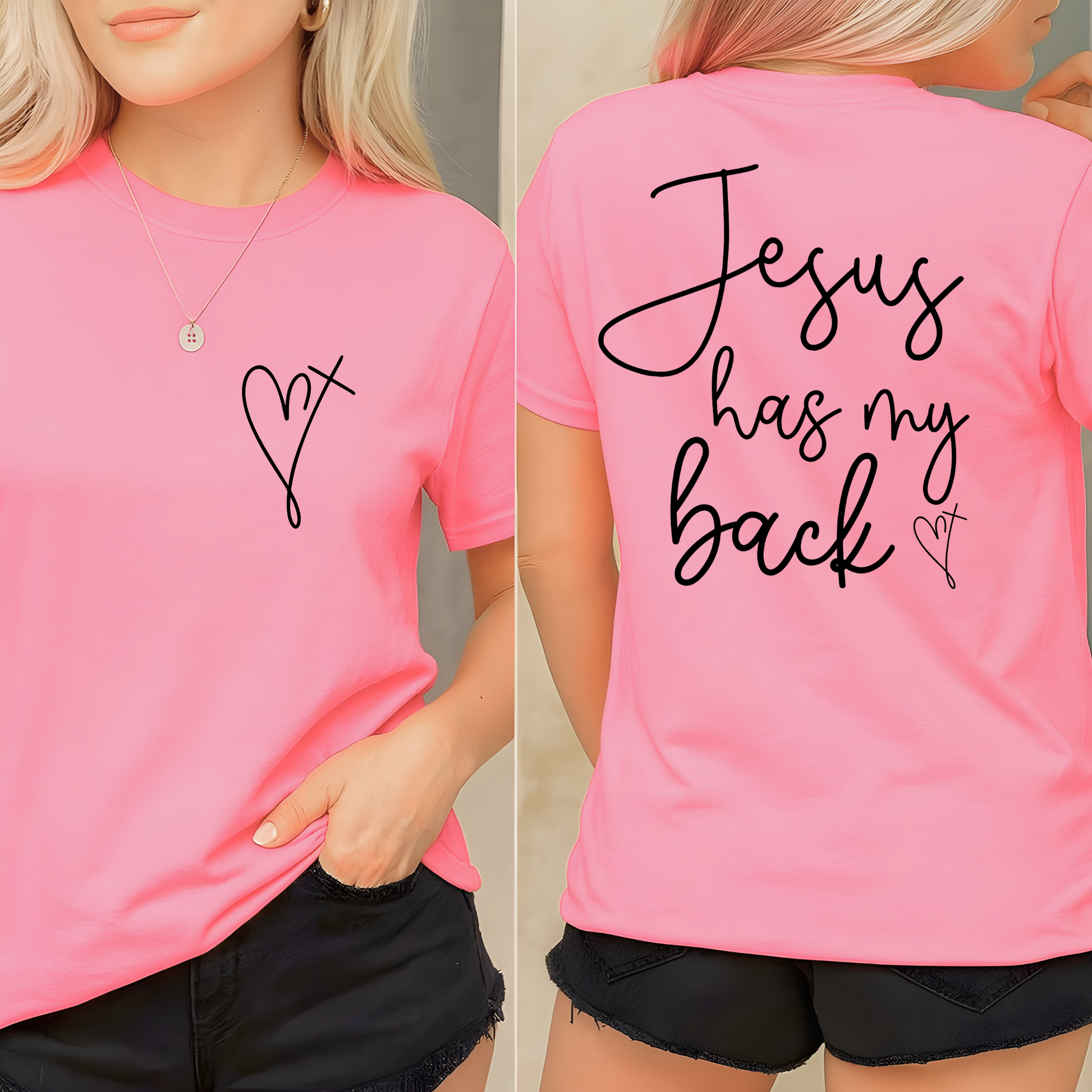 Pink t-shirt with a heart design on the front and 'Jesus has my back' text on the back.