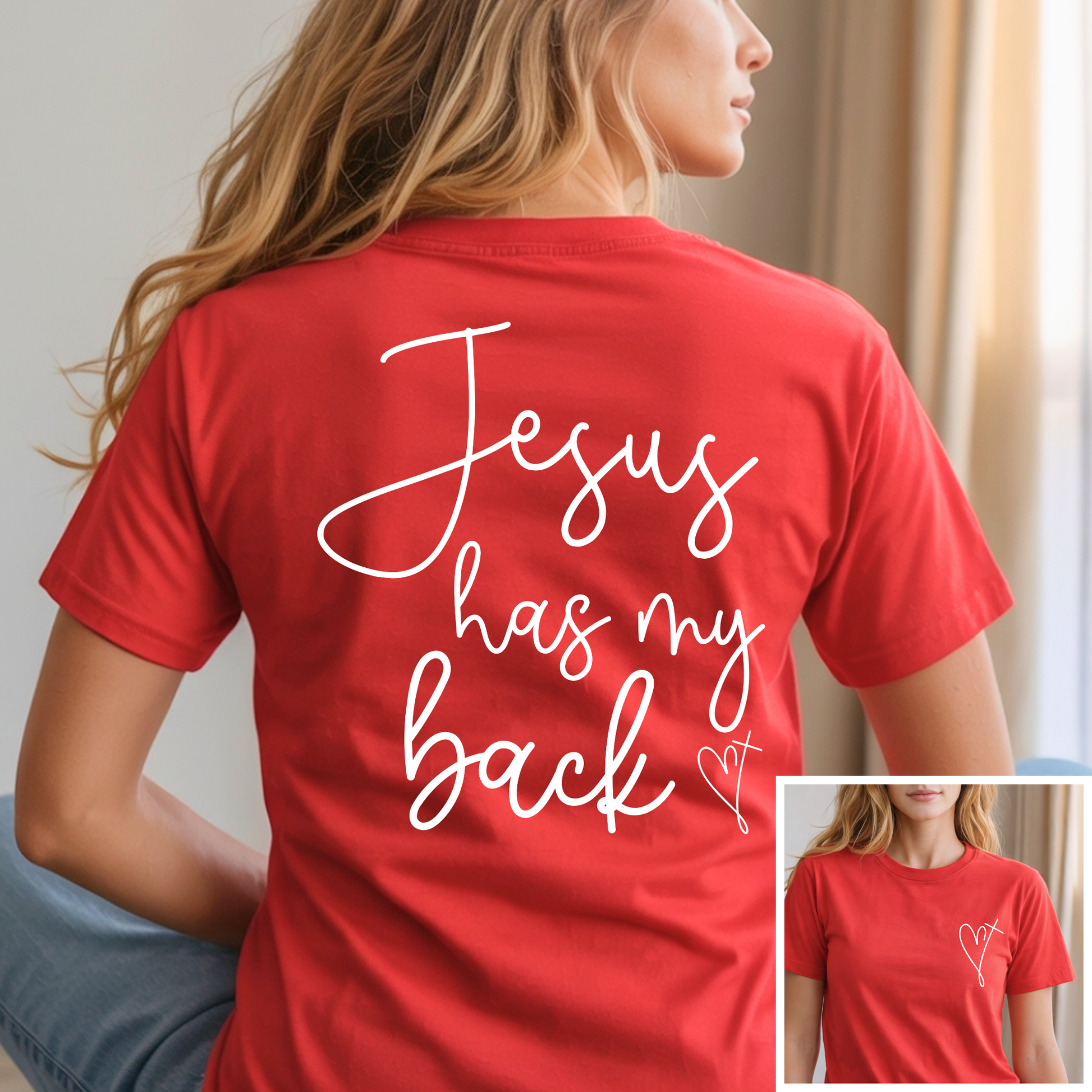 Red t-shirt with 'Jesus has my back' text on the back, worn by a woman.