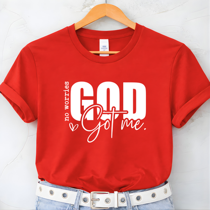 Flat lay red t-shirt with No Worries God Got Me design
