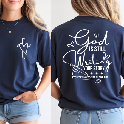 Navy blue t-shirt with a design on the front and text on the back, worn by a person.