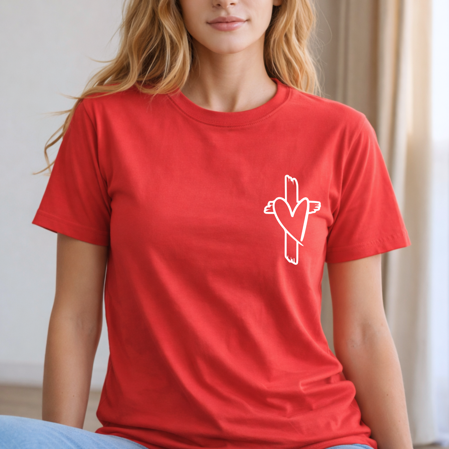 Red Christian t-shirt with small cross heart detail on front, relaxed unisex women’s fit