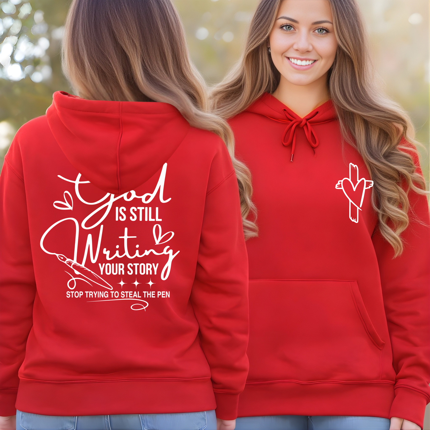 Red Christian hoodie with small cross heart design on front chest, women’s unisex fit